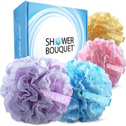 Loofah-Bath-Sponge Lace-Mesh-Set >> 2-Scrubs-in-1 by Shower Bouquet: Large Full 60g Pouf (4 Pack Spa Colors) Body Luffa Loofa Loufa Puff - Exfoliate, Cleanse Skin with Luxurious Bathing Accessories